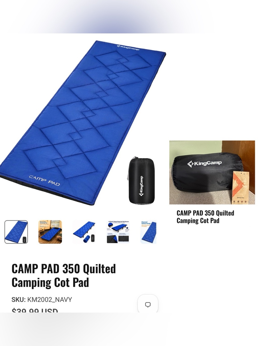 5/$30 KingCamp Pad 350 Quilted Camping Cot Pad NWT